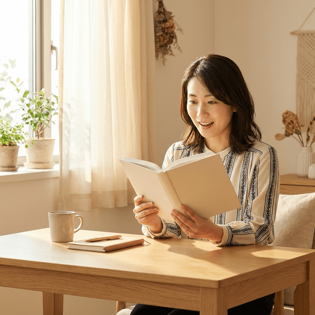明るい窓辺で新しい本を開いて微笑む女性(リスキリングのイメージ)