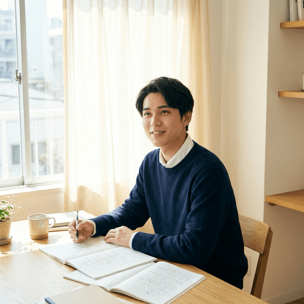 朝の窓辺でノートに向かい微笑む男子高校生(受験・資格取得のイメージ)